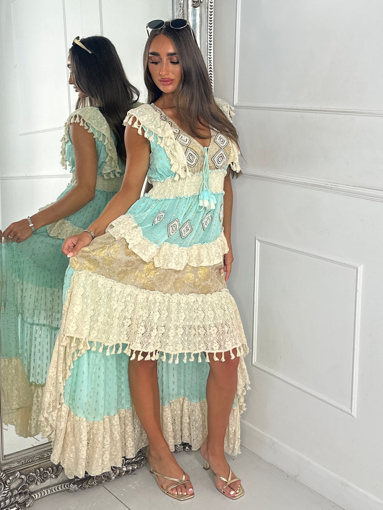 Asymmetric Front Embellished Boho Maxi Dress - Aqua