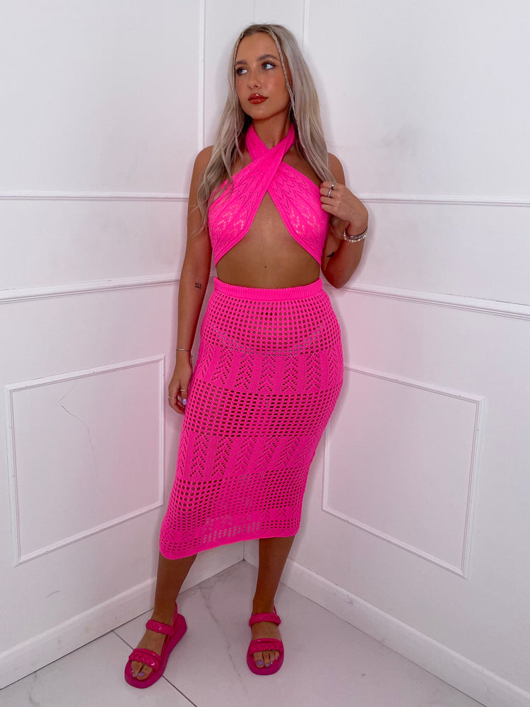 Crochet Halterneck Top Co-Ord - Pink