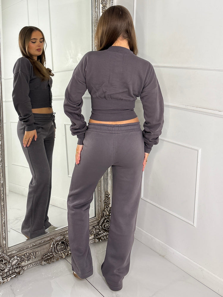 Button Up Cinch Waist Tracksuit - Slate Grey