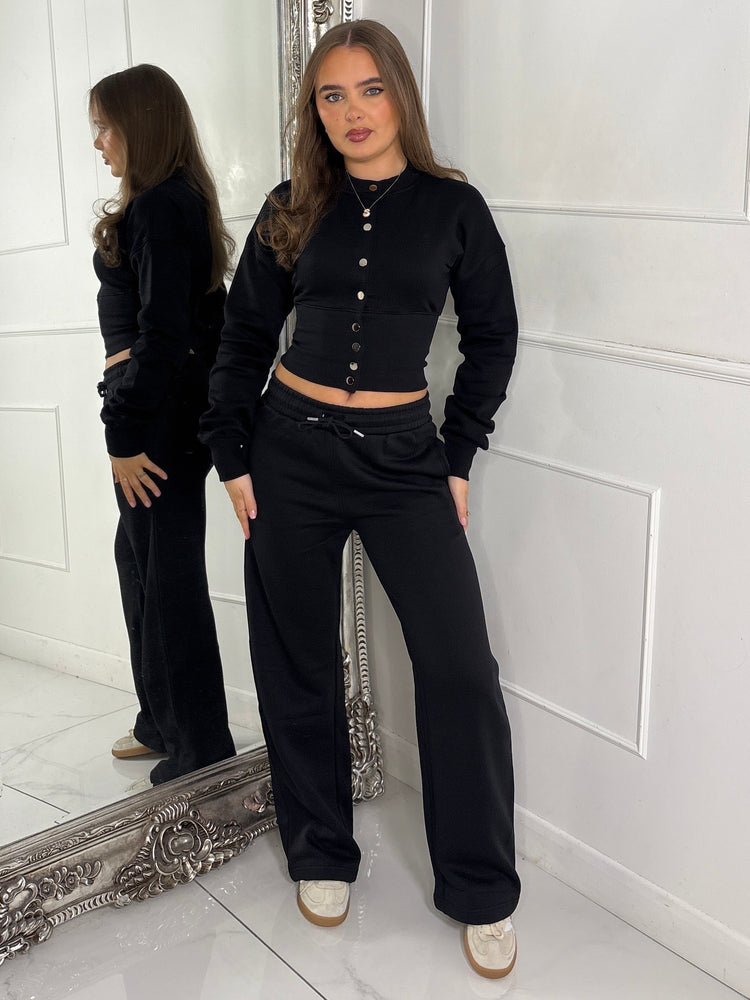 Button Up Cinch Waist Tracksuit - Black