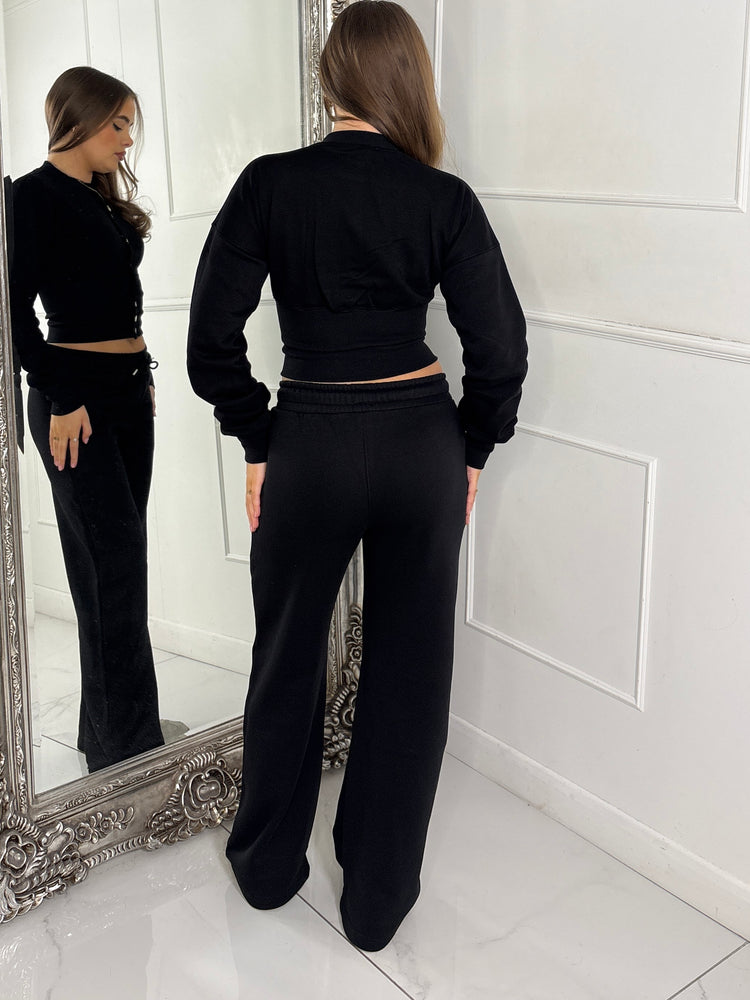 Button Up Cinch Waist Tracksuit - Black