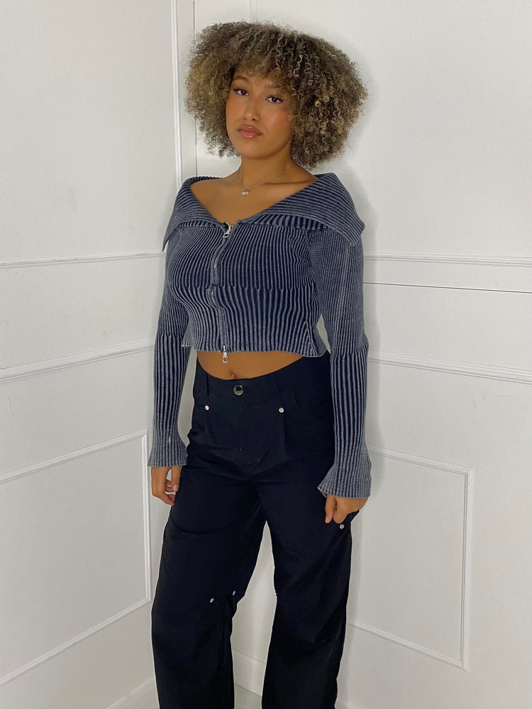 Thick Knit Fold Over Cardigan - Grey