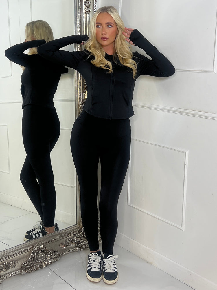 Hooded Gym Top & Gym Leggings Set - Black