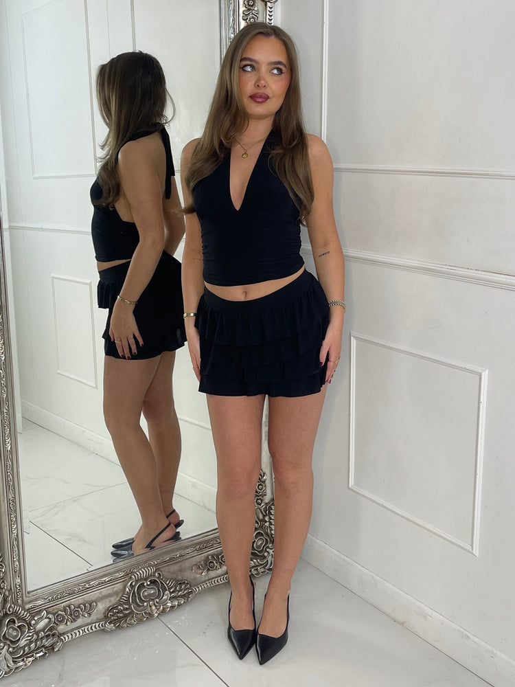 Halter Neck Crop Top & Frill Detail Skort - Black