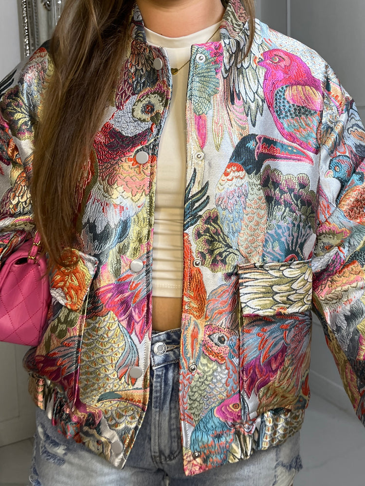 3D Floral Parrot Print Pocket Bomber Jacket - Multicoloured