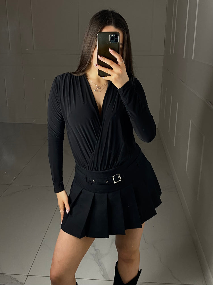 Wrap Front Long Sleeved Bodysuit - Black
