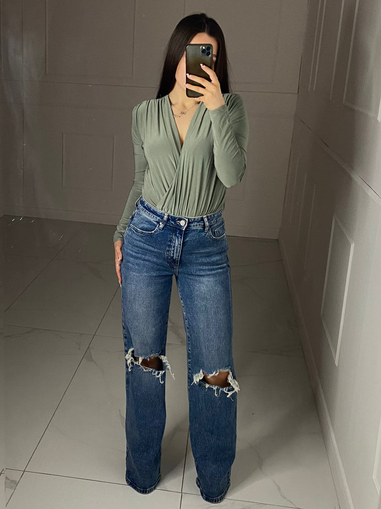 Wrap Front Long Sleeved Bodysuit - Khaki