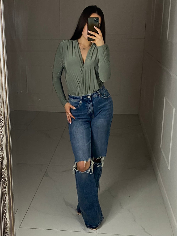 Wrap Front Long Sleeved Bodysuit - Khaki