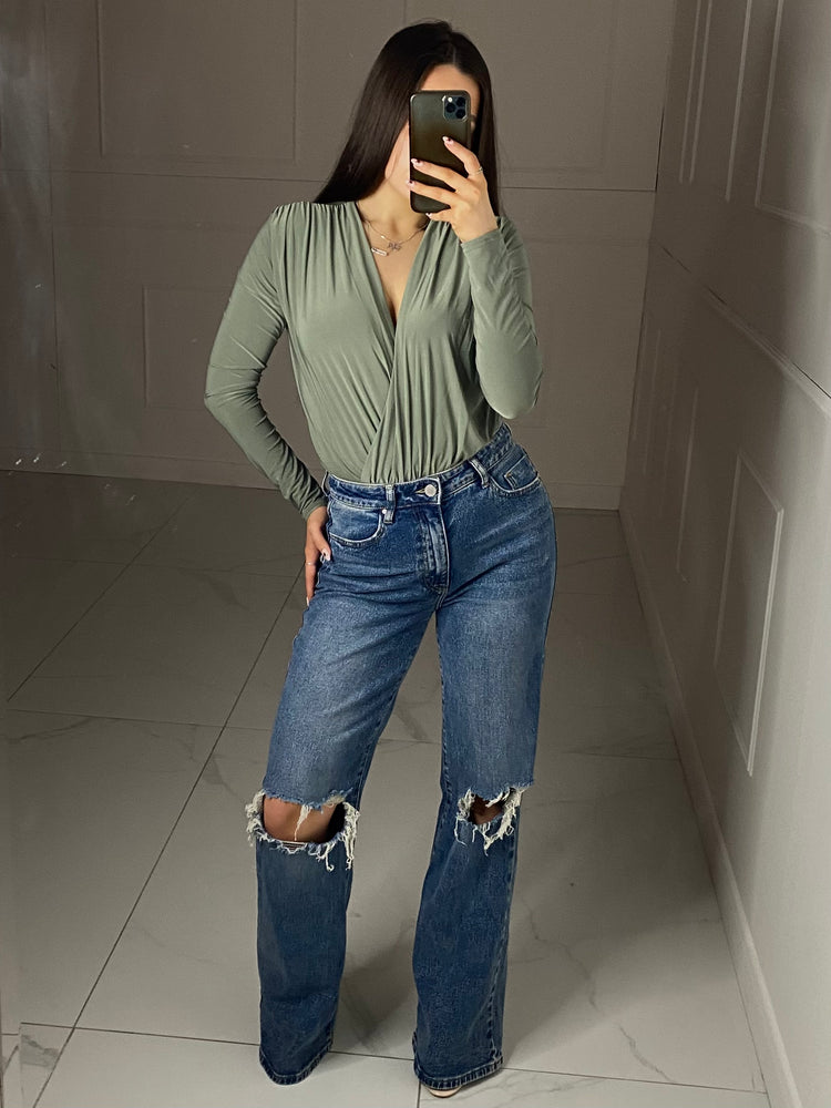 Wrap Front Long Sleeved Bodysuit - Khaki