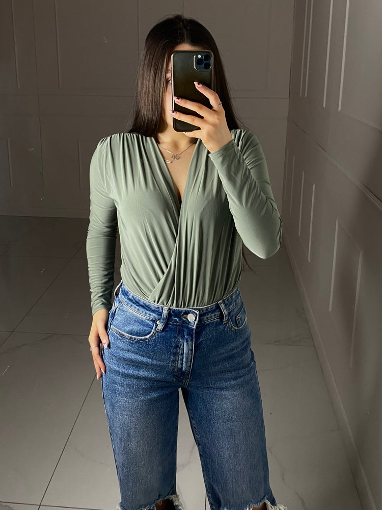 Wrap Front Long Sleeved Bodysuit - Khaki