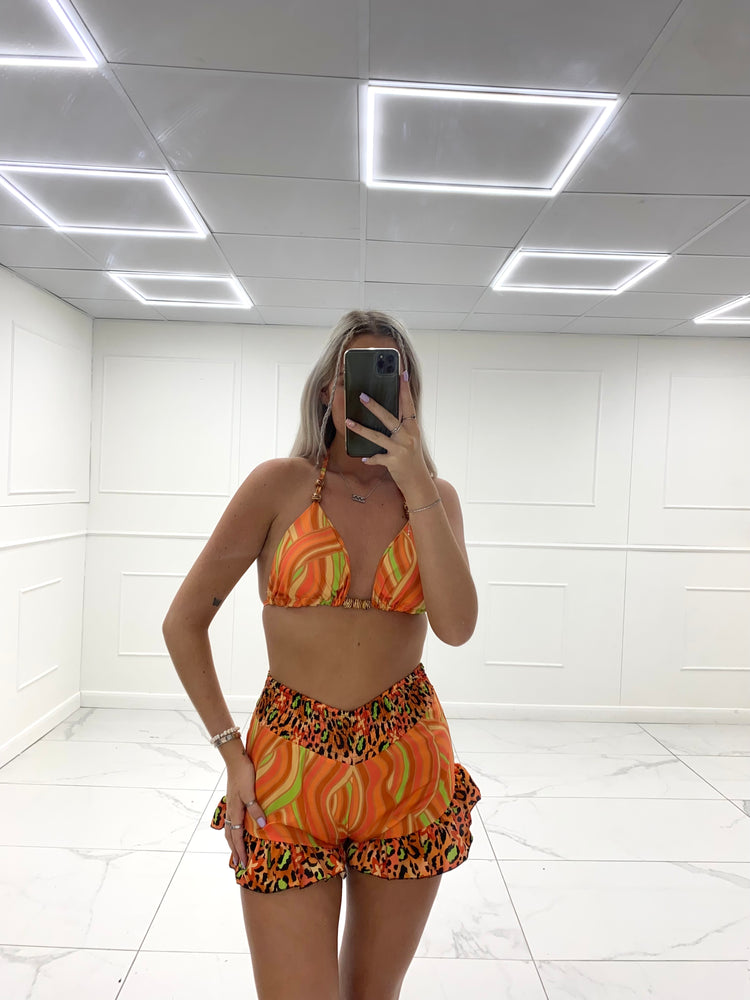 Leopard Print Bra Top & Shorts Co-Ord - Orange