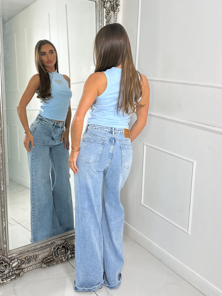 Silver stud heart detail racer crop top - Baby Blue