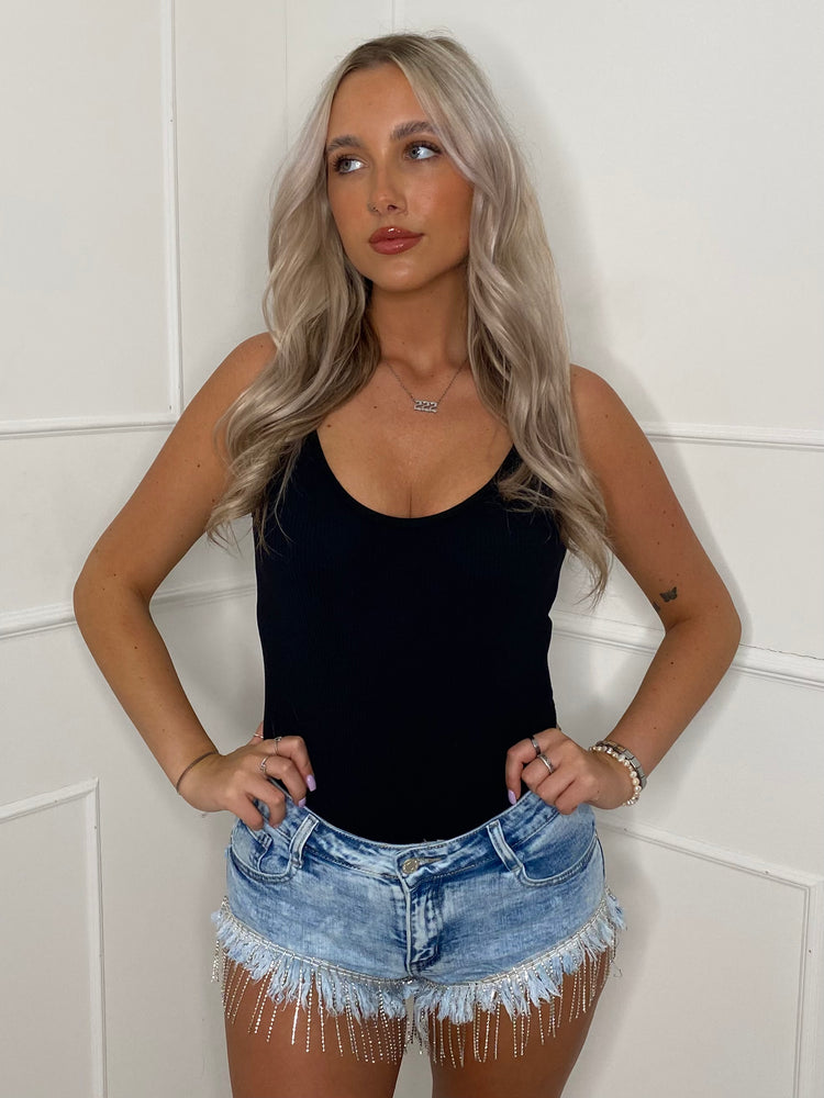 Diamante Trim Low Waisted Denim Shorts - Blue