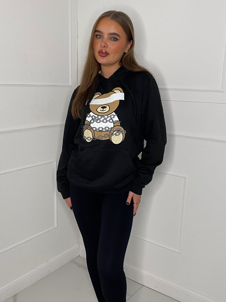 Single Teddy Chain Print Hoodie - Black