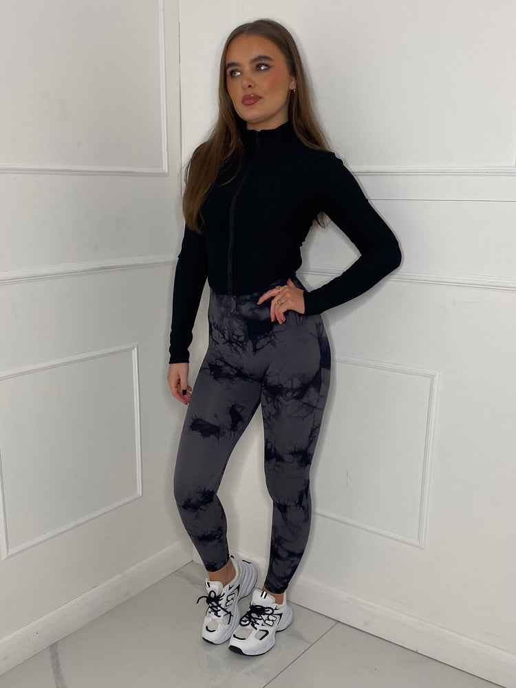 Ruched Bum Gym Leggings - Grey Tie Dye