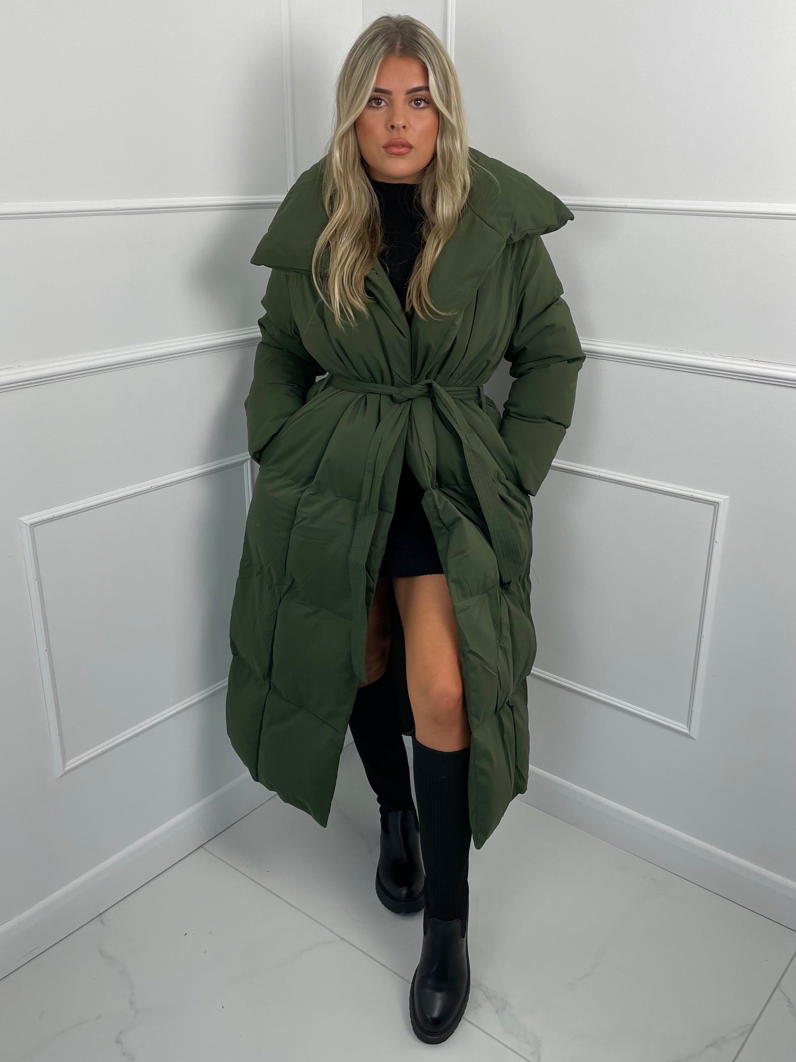 Long Belted Puffer Coat Khaki