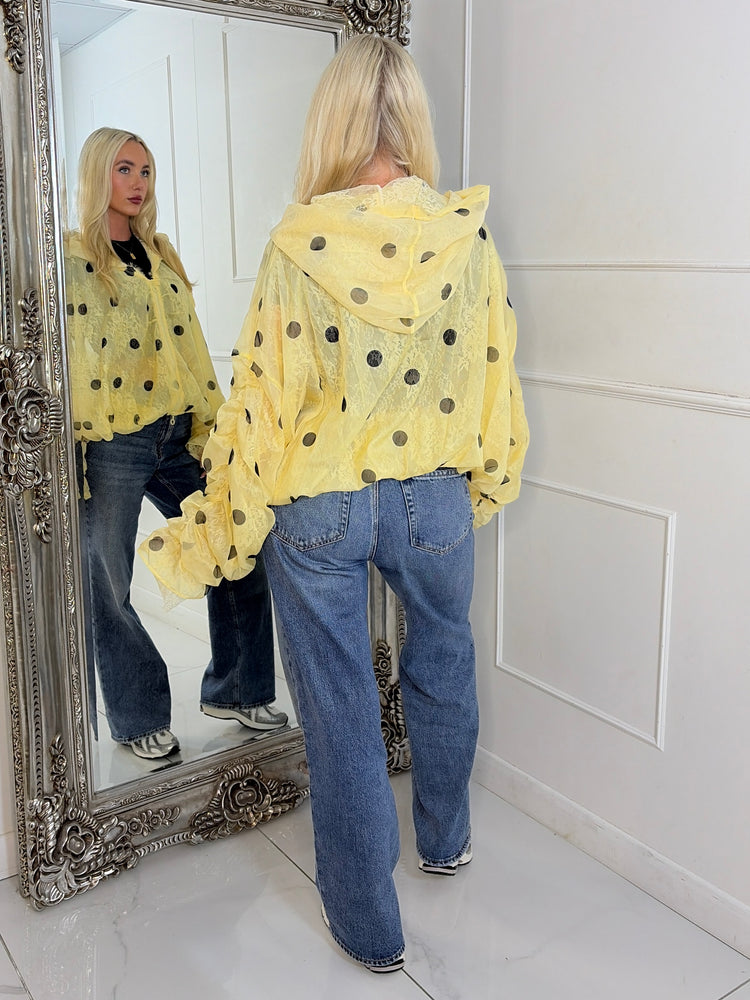 Oversized Ruched Sleeve Mesh Lace Contrast Jacket - Yellow Polka Dot