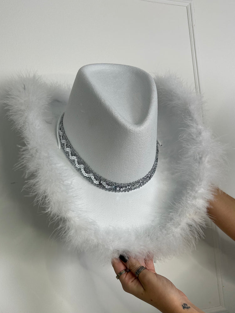 Feather Diamante Cowboy Hat - White