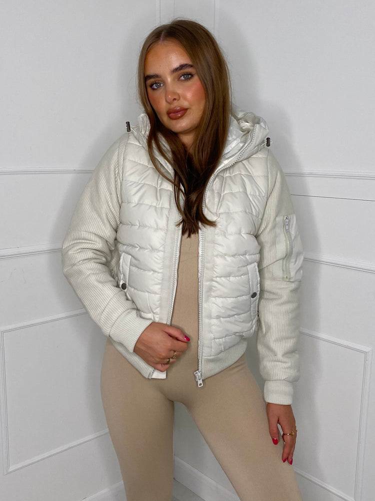 Ribbed Contrast Padded Hooded Jacket - Cream