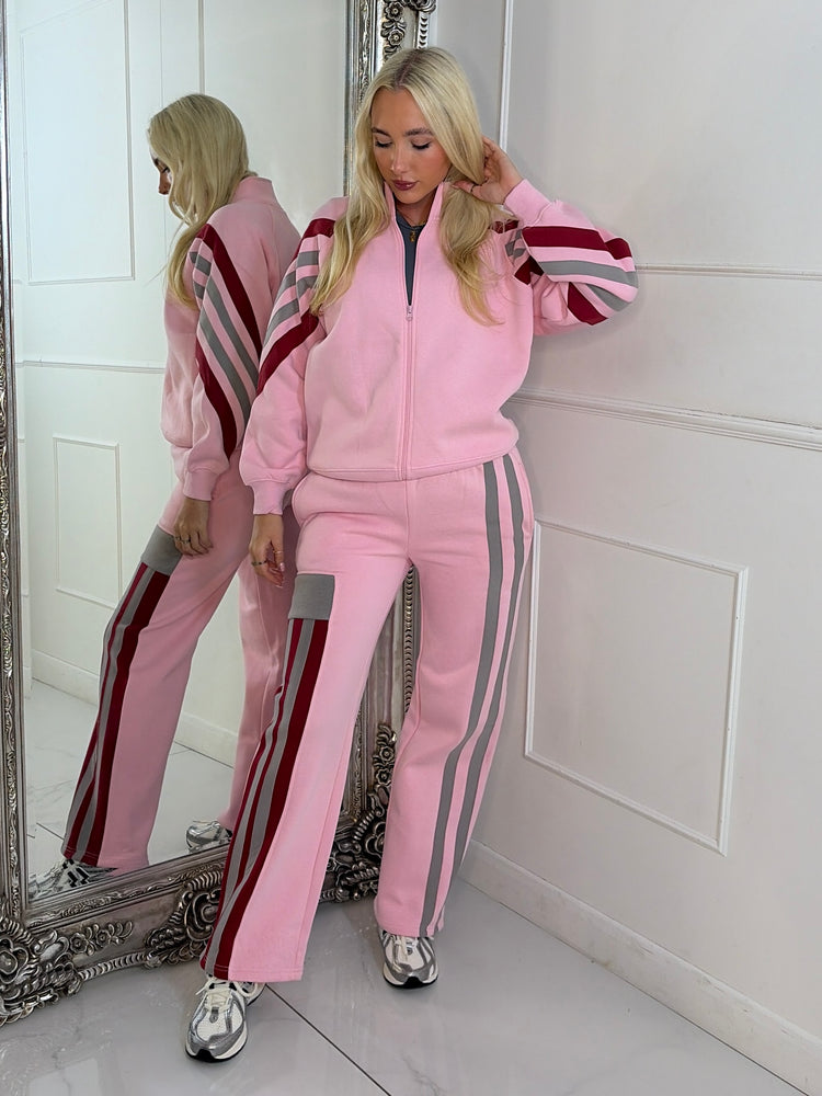 Stripe Block Contrast Detail Zip Up Tracksuit - Pink