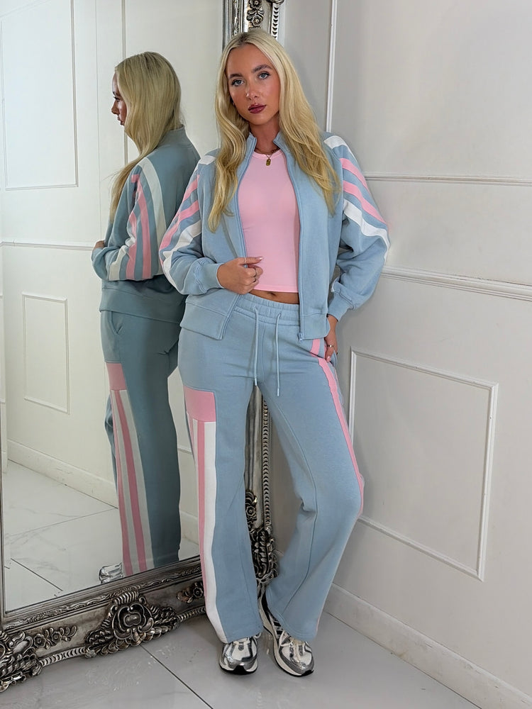 Stripe Block Contrast Detail Zip Up Tracksuit - Baby Blue