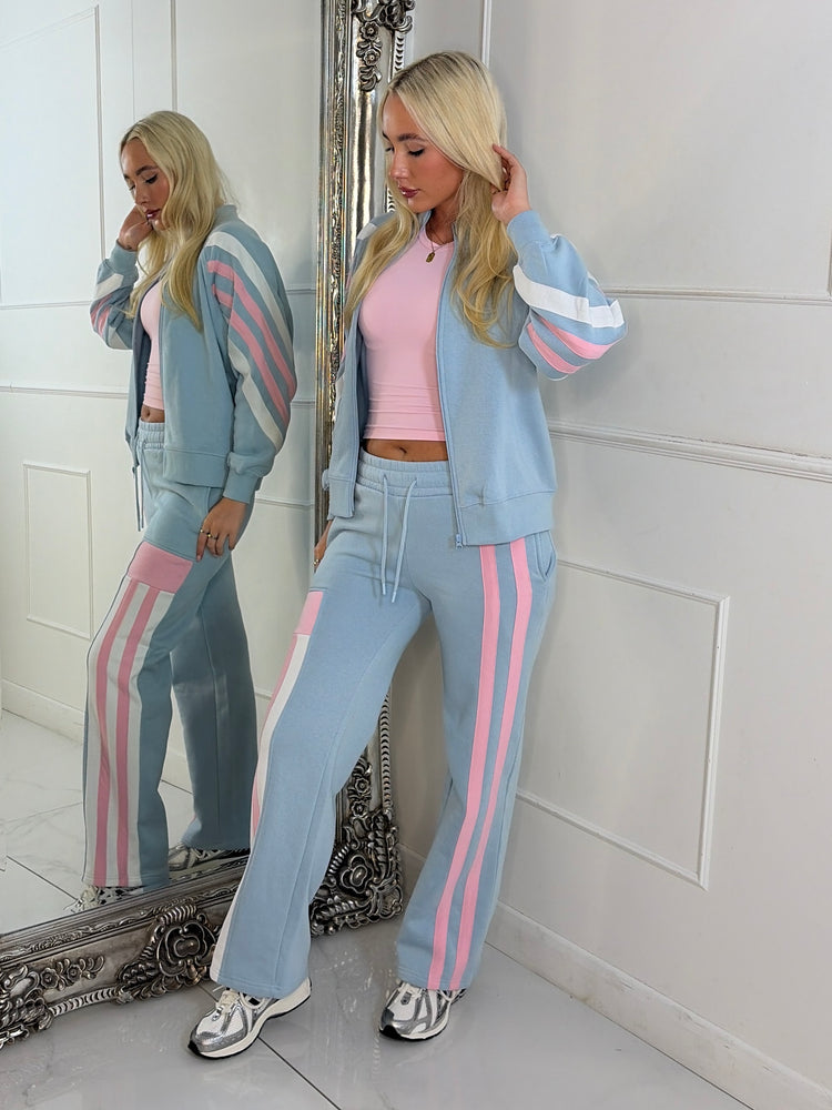 Stripe Block Contrast Detail Zip Up Tracksuit - Baby Blue