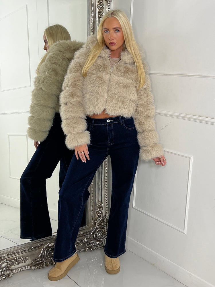 Hooded Faux Fur Tiered Jacket - Beige