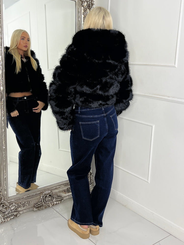 Hooded Faux Fur Tiered Jacket - Black