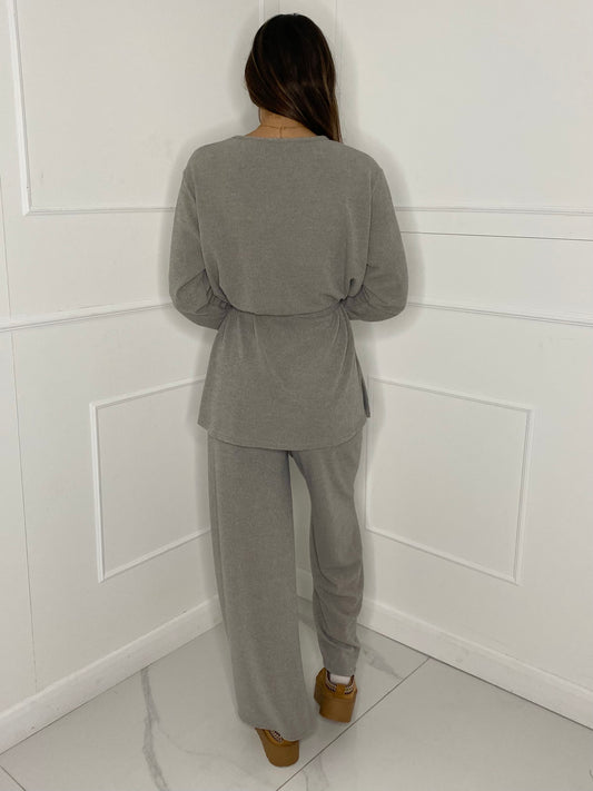 Belted Long Sleeve Top & Flares Set - Grey