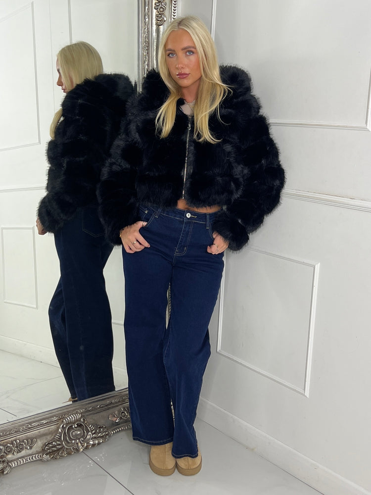 Hooded Faux Fur Tiered Jacket - Black