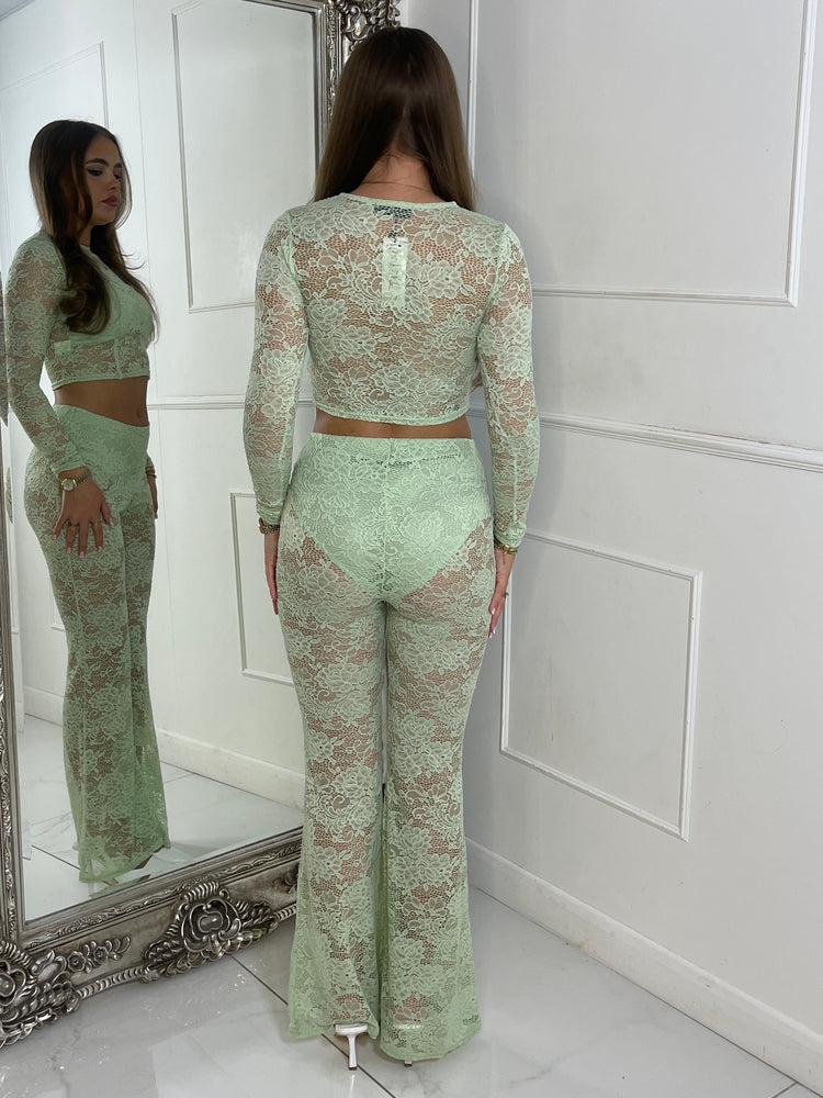 Lace Fitted Long Sleeve Top & Built In Knicker Lace Flares Co-Ord - Sage Green