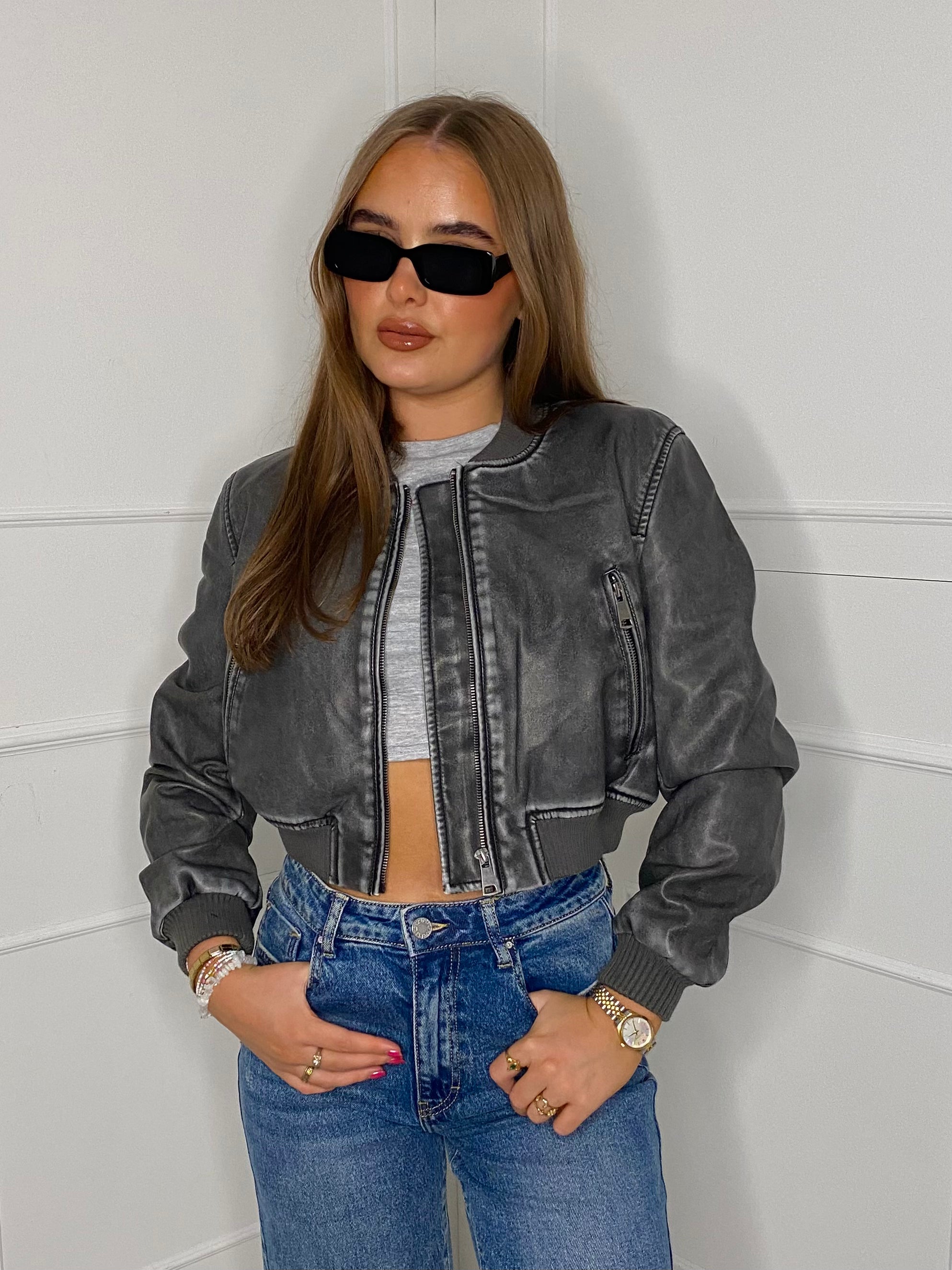 PU Leather Acid Wash Bomber Jacket Grey