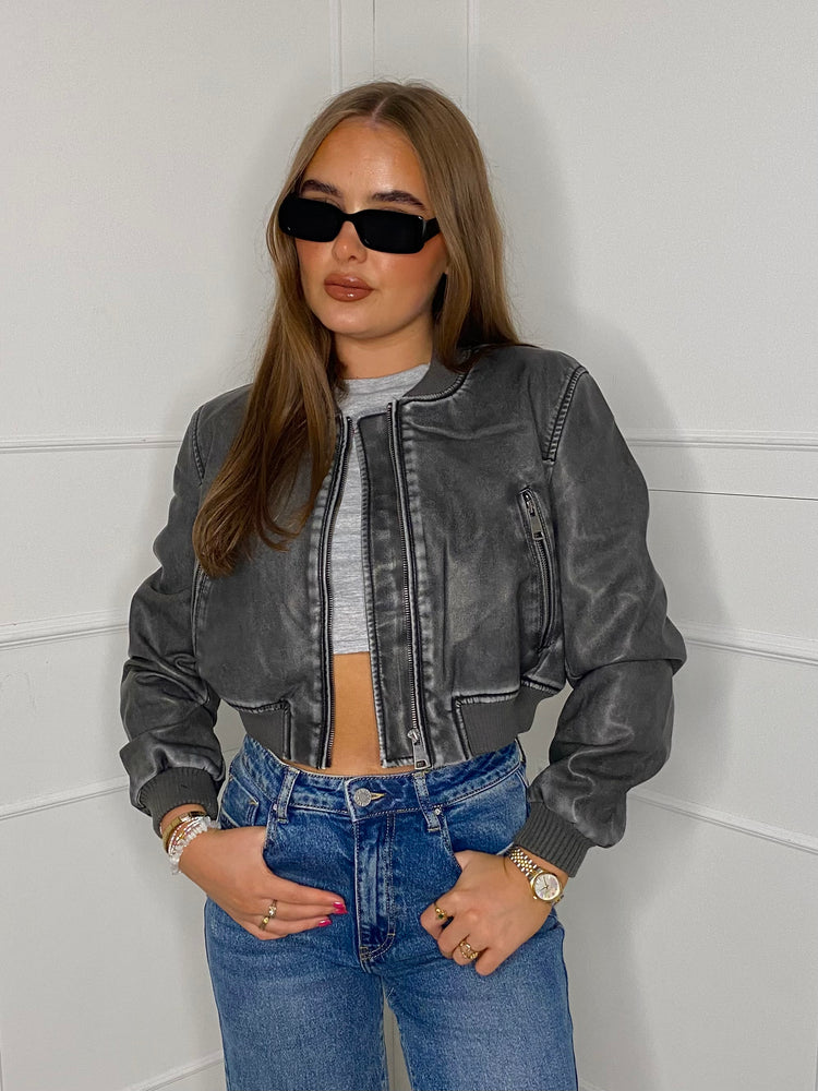 PU Leather Acid Wash Bomber Jacket - Grey