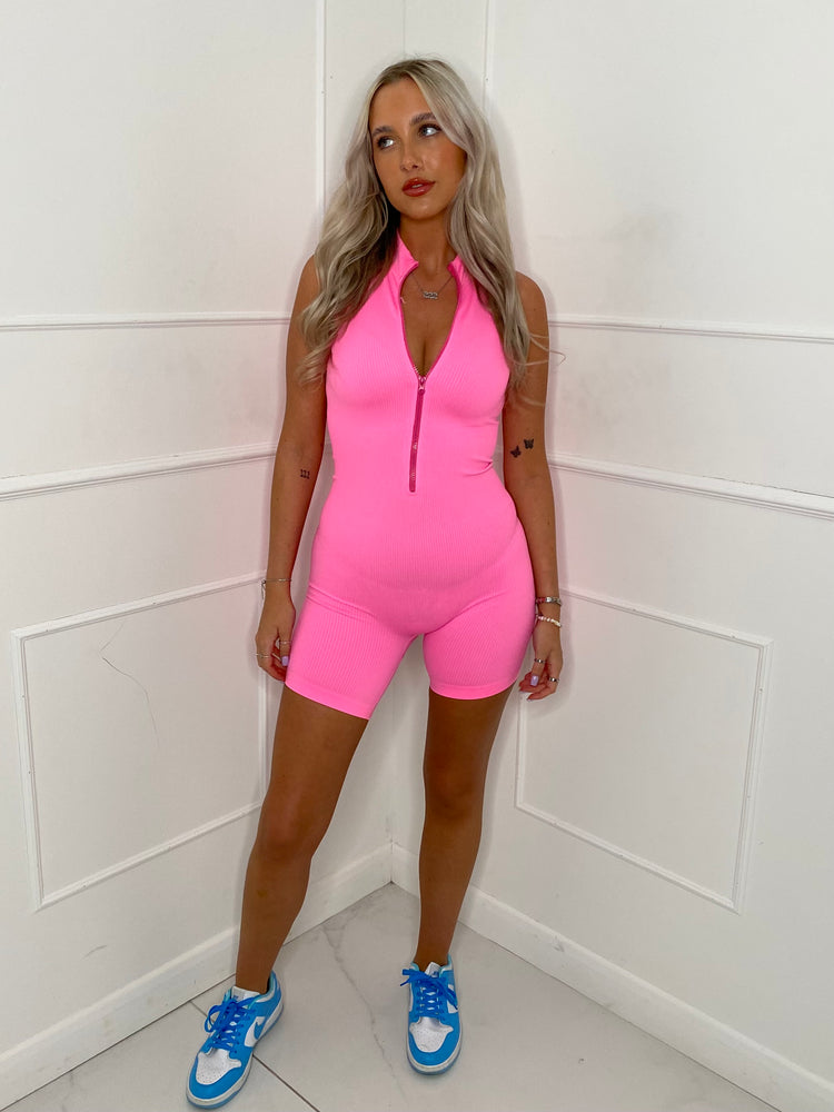 Sleeveless Zip Front Ribbed Unitard - Pink