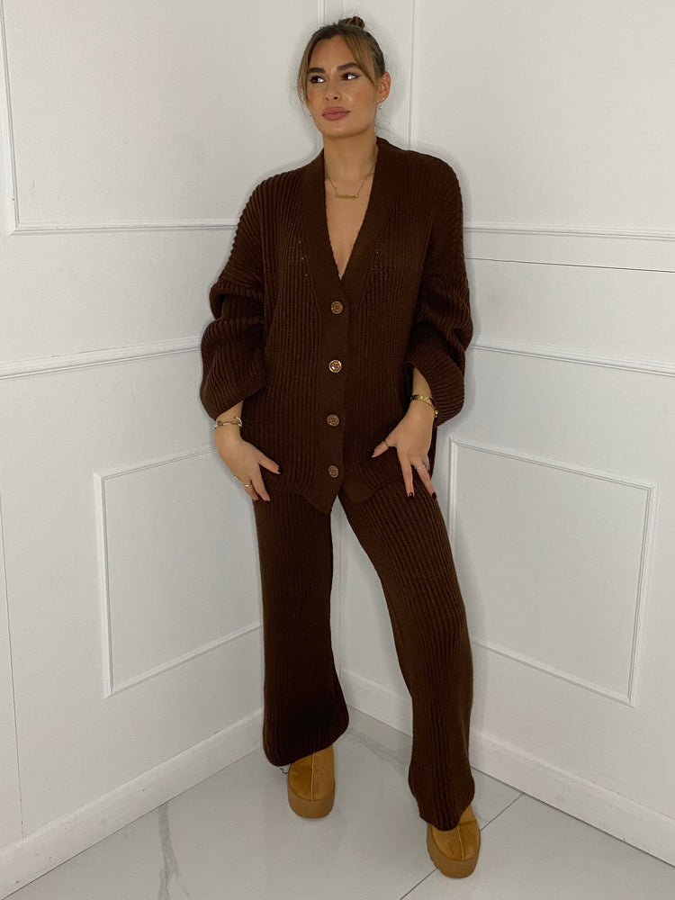 Oversized Knit Cardigan & Wide Leg Set - Brown