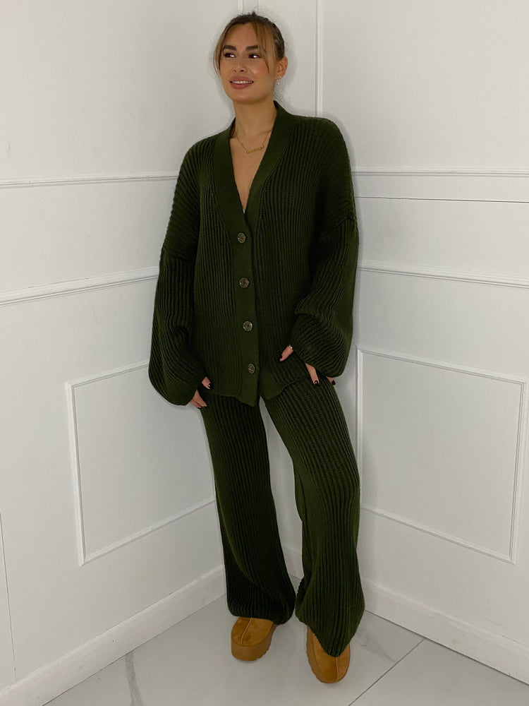 Oversized Knit Cardigan & Wide Leg Set - Green