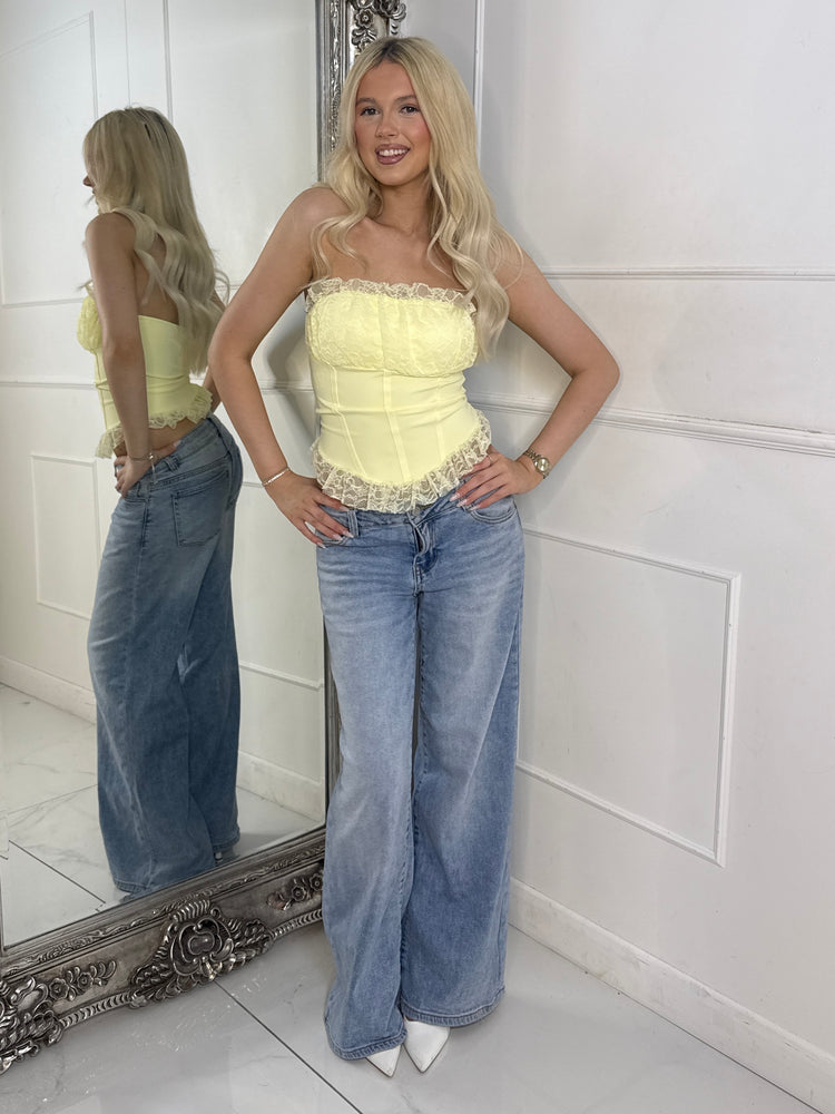 Bandeau Lace Contrast Dip Hem Corset Top - Lemon Yellow