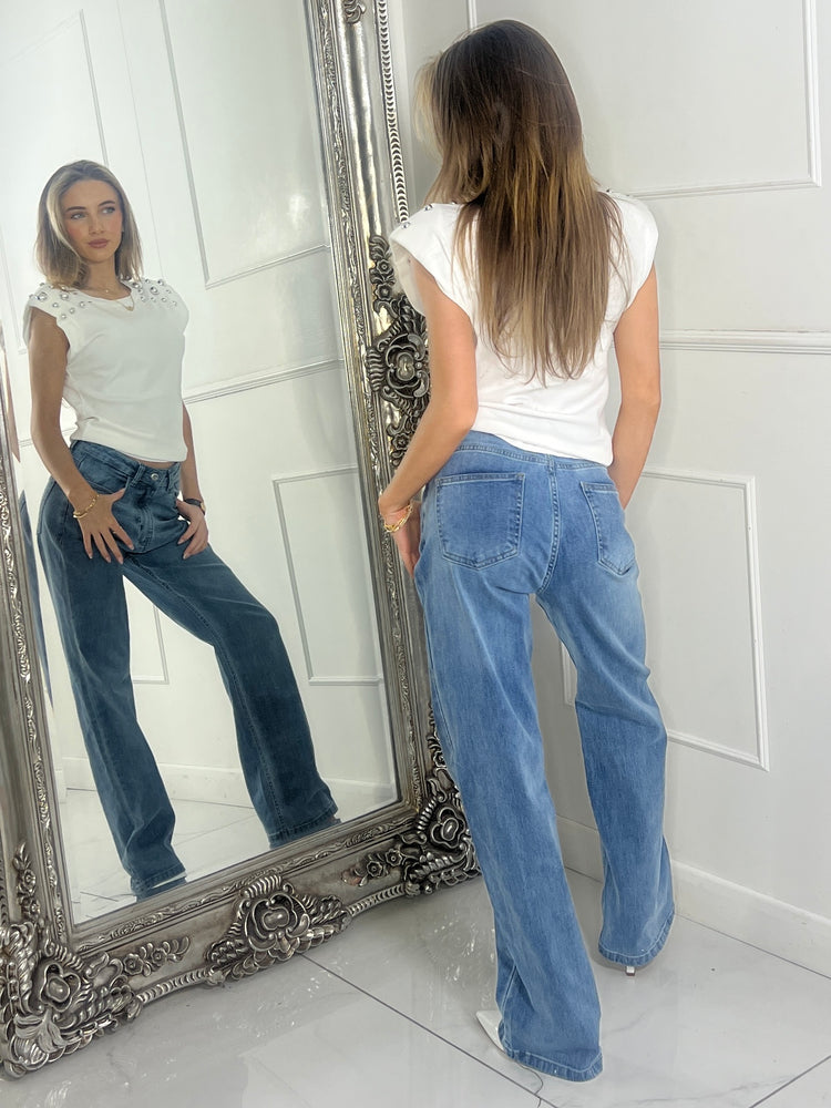 Studded Padded Shoulder Top - White