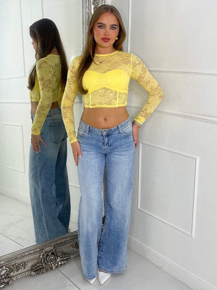 Lace Fitted Long Sleeve Top - Yellow