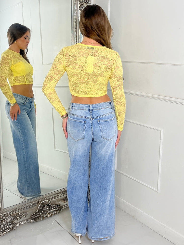 Lace Fitted Long Sleeve Top - Yellow