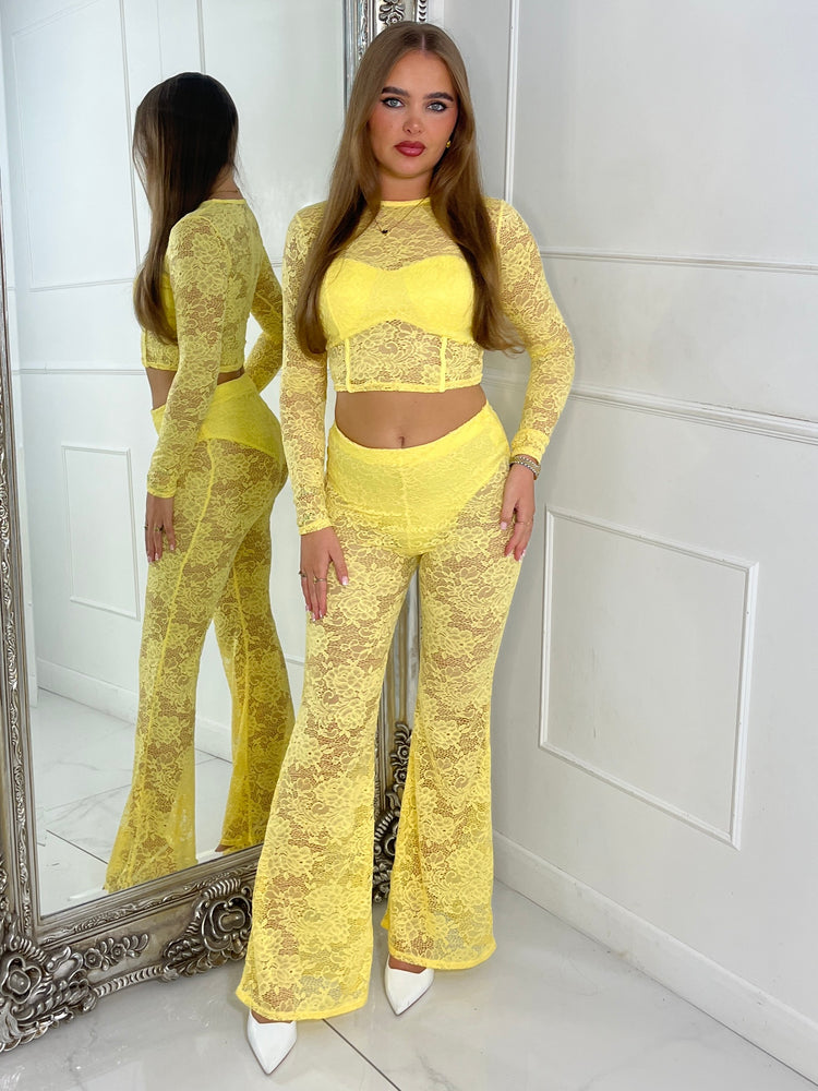 Lace Fitted Long Sleeve Top & Built In Knicker Lace Flares Co-Ord - Yellow