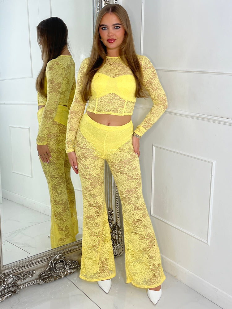 Lace Fitted Long Sleeve Top & Built In Knicker Lace Flares Co-Ord - Yellow