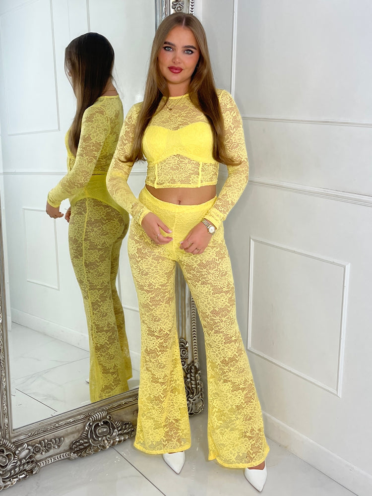 Lace Fitted Long Sleeve Top & Built In Knicker Lace Flares Co-Ord - Yellow