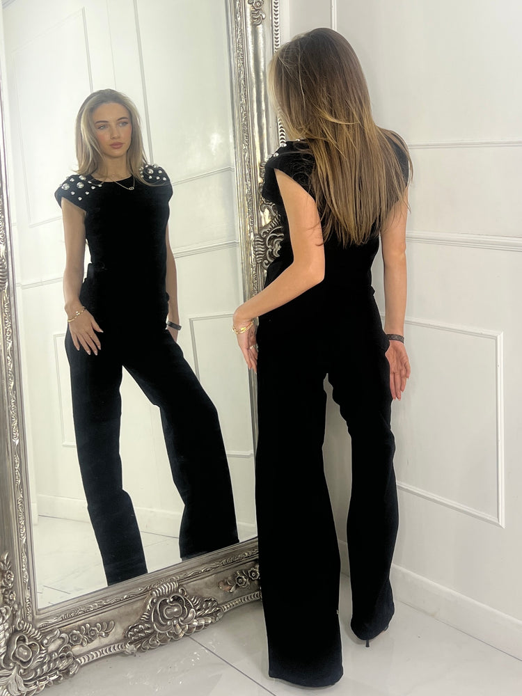 Studded Padded Shoulder Top - Black