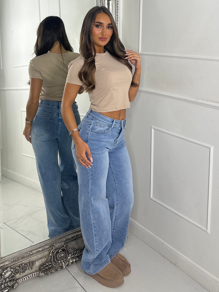 High Waist Full Length Denim Jeans - Denim Blue