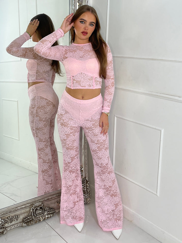Lace Fitted Long Sleeve Top & Built In Knicker Lace Flares Co-Ord - Baby Pink