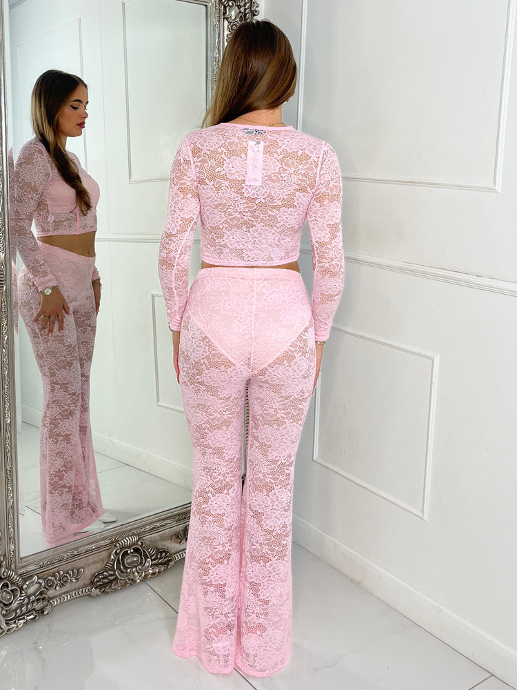 Lace Fitted Long Sleeve Top & Built In Knicker Lace Flares Co-Ord - Baby Pink
