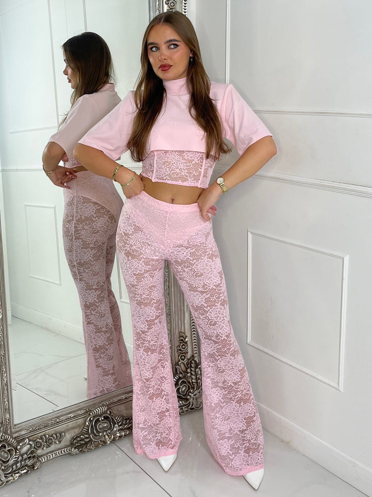 Padded Shoulder Cropped Tee With Lace Bra Underlayer & Built In Knicker Lace Flares Co-Ord - Baby Pink