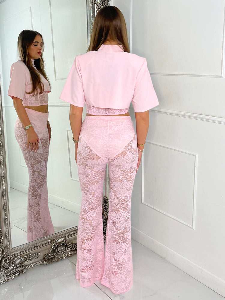 Padded Shoulder Cropped Tee With Lace Bra Underlayer & Built In Knicker Lace Flares Co-Ord - Baby Pink