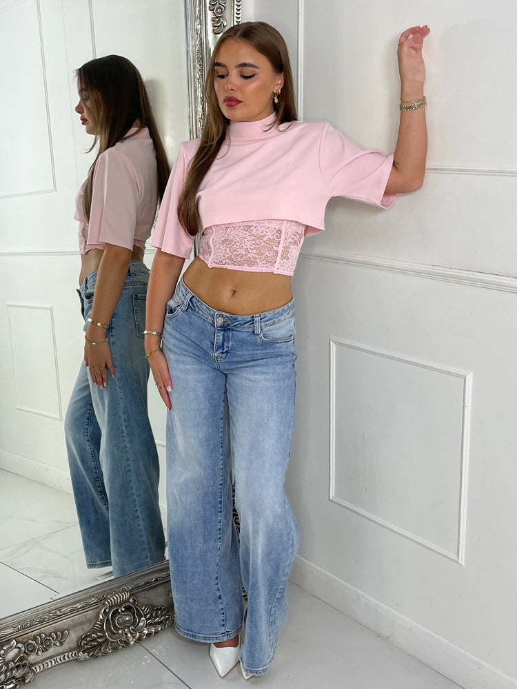 Padded Shoulder Cropped Tee With Lace Bra Underlayer - Baby Pink